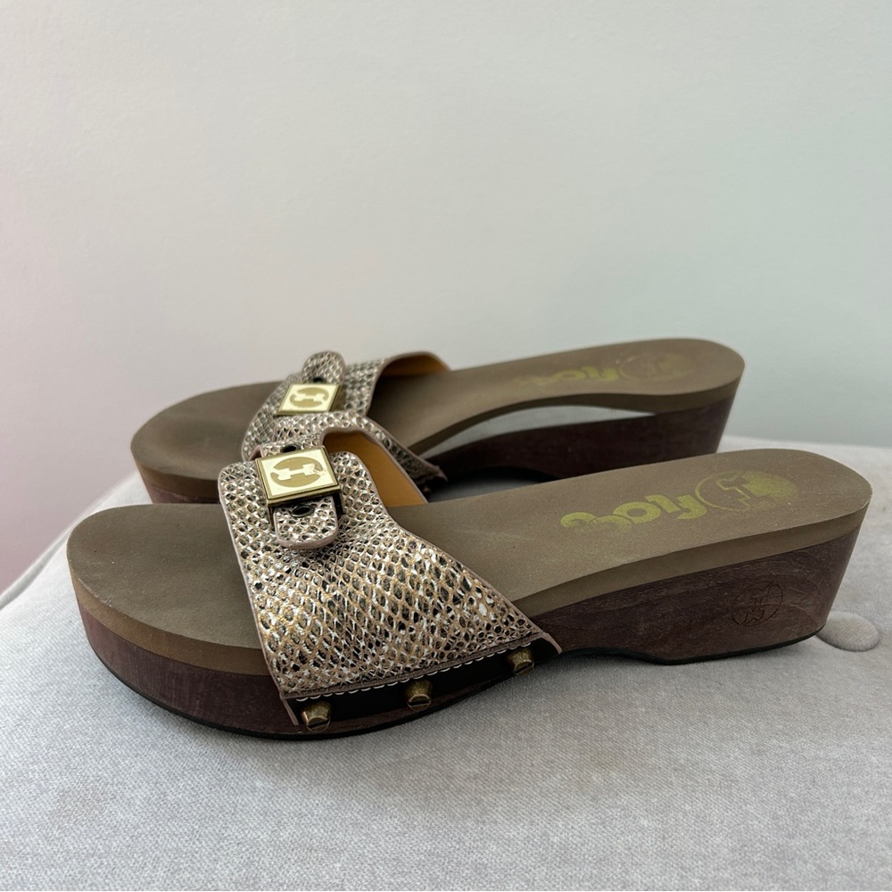 FLOGG Malibu II Clog Sandal Size 7 Metallic Reptile Leather Wood Sole
